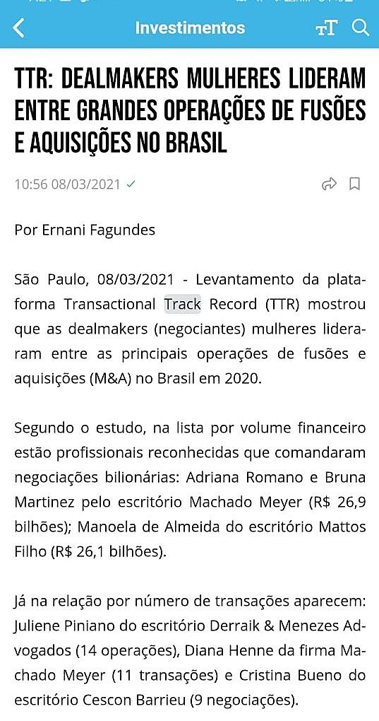 TTR: Dealmakers mulheres lideram entre grandes operaes de fuses e aquisies no Brasil